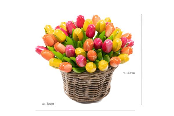 50 wooden tulips each 34 cm high in a wicker basket, hand-painted, wooden flowers, wooden decoration, wooden art tulips, Made in Holland - Kopie